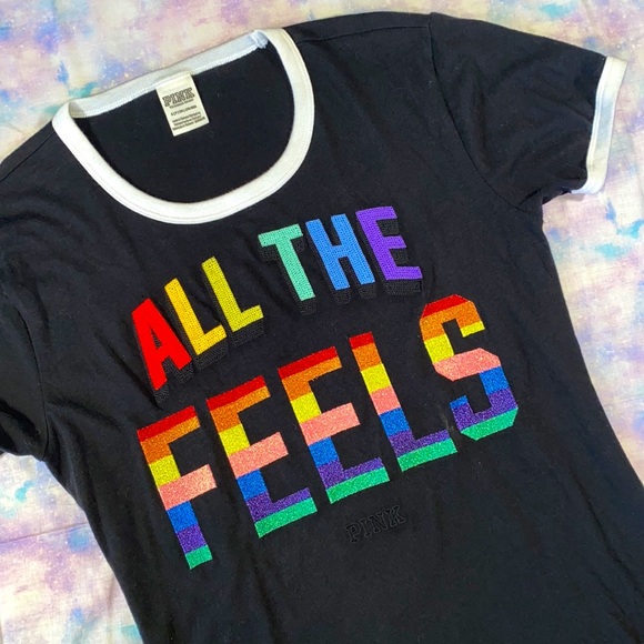 PINK Victoria's Secret Tops - VS PINK • “All The Feels” Rainbow Pride Embroidery Ringer Tee